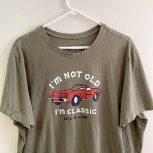 Life Is Good Olive Tee with Red Car Graphic